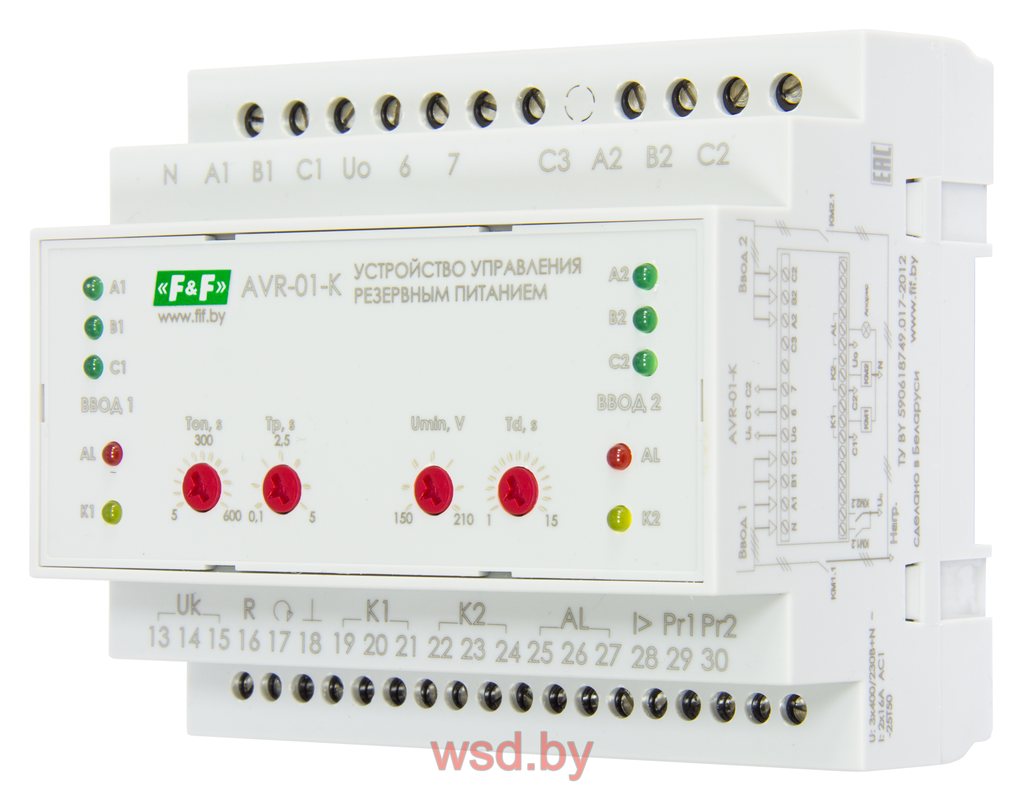 AVR-01-K Устройство управления резервным питанием для работы  в  блоках  АВР-2.0, управление  контакторами и моторприводами, 6 модулей, монтаж на DIN-рейке 3х400B+N 4х16А  4NO/NC IP20